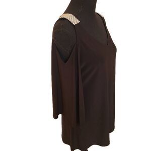 S Levine Womens Cold Shoulder Rhinestone Black Dressy Top Medium
